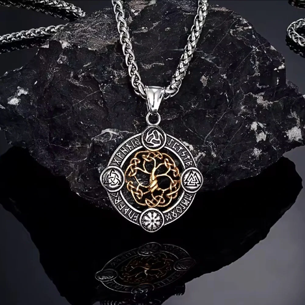 Viking Rune Life Tree Stainless Steel Silver Luck Talisman Necklace
